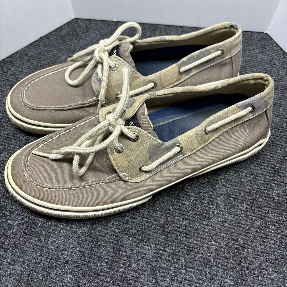 Sperry Top-Sider Mens 9.5 M Canvas Boat Shoes Taupe Gray Camo Deck Shoes 1773712